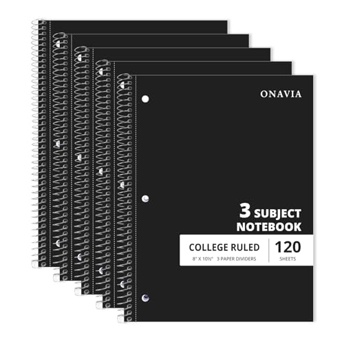 ONAVIA 3 Subject Spiral Notebook College Ruled 5 Pack, 240 Pages, Black | 120 Sheets, 8 x 10.5 in, 3 Dividers, Double-Sided Pockets, School Notebook, Study, Homework, Students - color: Black