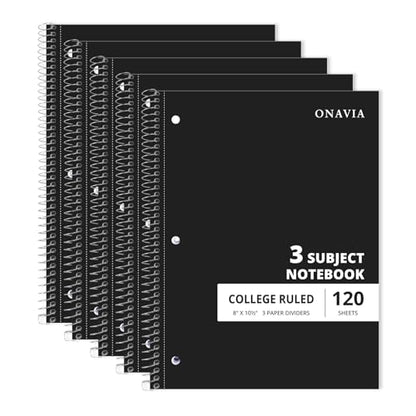 ONAVIA 3 Subject Spiral Notebook College Ruled 5 Pack, 240 Pages, Black | 120 Sheets, 8 x 10.5 in, 3 Dividers, Double-Sided Pockets, School Notebook, Study, Homework, Students - color: Black