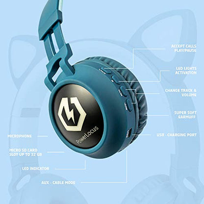PowerLocus Kids Headphones Wireless, Bluetooth Headphones for Kids Over Ear, LED Lights, 85dB Safe Volume Limit, Foldable, Micro SD Mode, Built-in and Line-in Microphone for Phones,Tablets,Laptop - color: Non-Ears Blue
