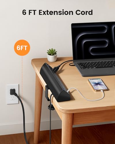 SURAIELEC Desk Clamp Power Strip with 5 Outlets, 4 PD 20W USB-C & 2 USB-A Ports, 40W Total Fast Charging Station, 900J Surge Protector, Fit 1.97 in Desk Edge Mount, 45° Flag Plug, 6 ft Extension Cord