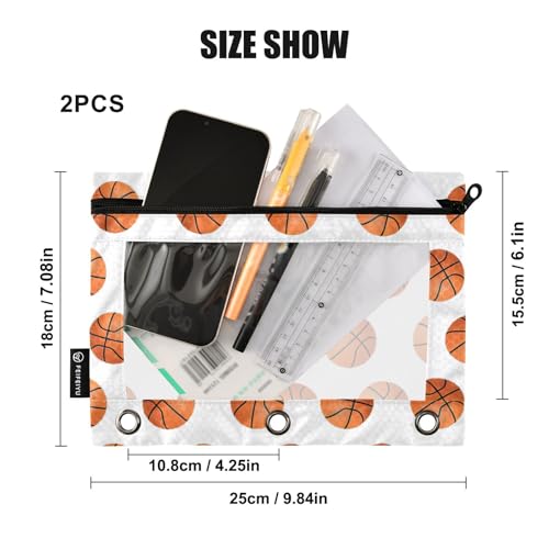 Basketball Pencil Pouches for 3 Ring Binder, Zipper Binder Pencil Case, 2 Pack Clear Window Case Bag for Office Organizers - color: Basketball