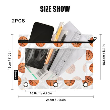 Basketball Pencil Pouches for 3 Ring Binder, Zipper Binder Pencil Case, 2 Pack Clear Window Case Bag for Office Organizers - color: Basketball