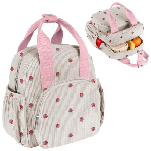Lunch Bag for Girls Kid Women Cute Corduroy Reusable Insulated Lunch Box Large Capacity Cooler for School Work Picnic Travel (Strawberry White) - color: White-1