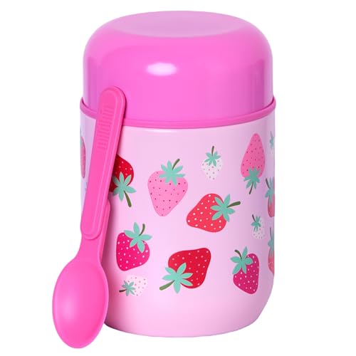 Wildkin Kids 10 oz Insulated Food Jar, Strawberry | Wide-mouth 10 oz jar keeps food hot up to 5 hrs and cold up to 7 hrs · includes two folding spoons · stainless steel interior - color: Strawberry Patch
