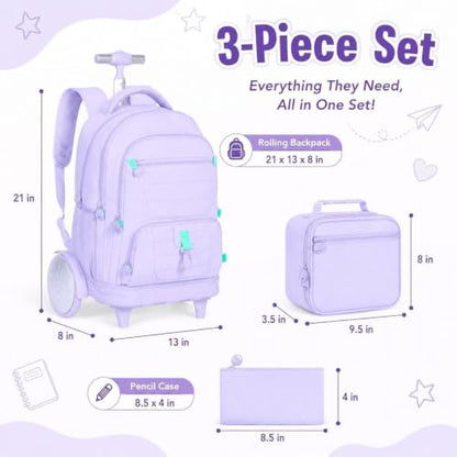 CCJPX 3Pcs Women & Girls Rolling Backpack with Bigger Wheels, Extra-Large Wheeled Bookbag with Lunch Box, Water Resistant Extra-Large Roller Luggage for Travel, Work, College (Purple) - color: Purple(upgrade Large Wheel)