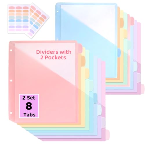 Binder Dividers with Tabs and Pockets, 16PCS/2 Sets in 8-Tab | Colorful 3 Hole Plastic Binder Dividers with Index Tags for Student, Teacher, Office, Home, Letter Size - color: 2 Sets in 8-tab 2 Pockets