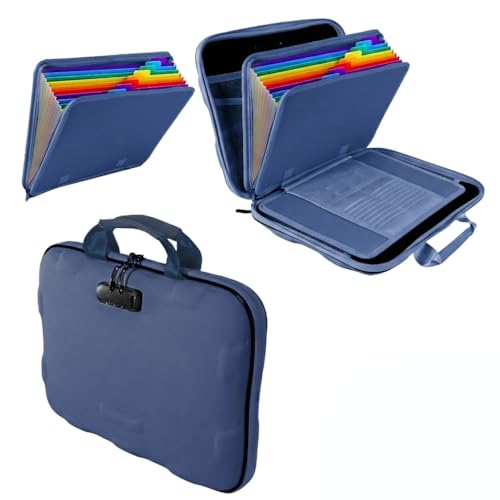 Fireproof Document Box, Hard Case Fireproof File Organizer Box with Lock and 13 Pocket Accordion File Folder, Portable Safe Box for Office Storage Important Documents (With Out Shoulder Strap, Blue) - color: Blue
