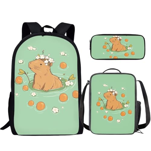 Kawaii Capybara Backpack School Set 3Pcs with Lunch Box Pencil Case Sports Bookbag Back Pack with Compartments Portable Lunch Bag for Elementary School Students - color: Capybara Kawaii