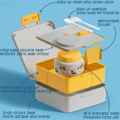Fimibuke Bento Box for Kids Adult - Leakproof 3-4 Compartments Lunch Bento Box Set with Insulated Food Jar, Water Bottle, Lunch Bag, Sauce Cup & Cutlery for Toddler Teen Shcool Girl Boy Age 3+ - color: A7.Construction Trucks