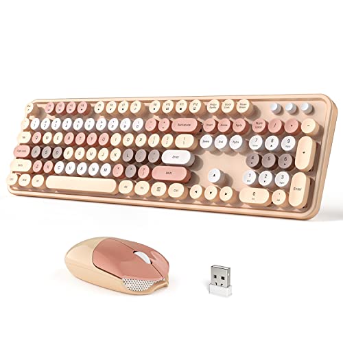 Dilter Wireless Keyboard and Mouse Combo, 104 Keys Full-Sized 2.4 GHz Round Keycap Colorful Keyboards, USB Receiver Plug and Play, for Windows, PC, Laptop, Desktop (Milk Tea) - color: Milk Tea