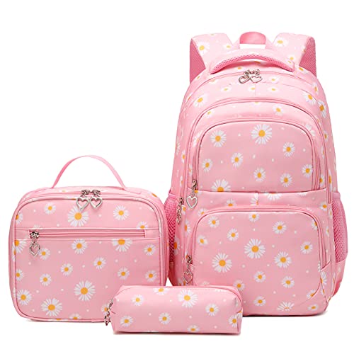 Glodwheat Daisy Printed Backpack For Girls- 3Pc Set With Lunch Box & Pencil Case, Lightweight Water-Resistant Bookbag For Elementary School - color: Pink