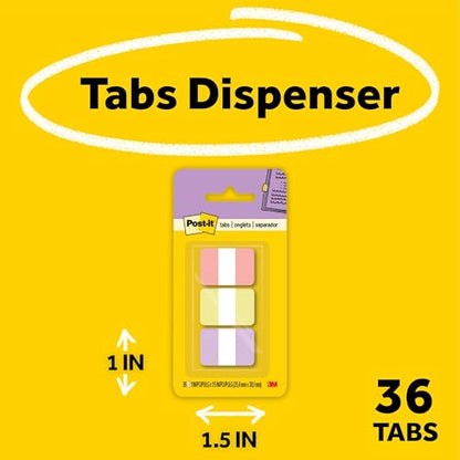 Post-it Sticky Tabs, 1 x 1.5 in, Warm Pastels, 3 Pads, 36 Tabs Total - color: Warm Pastels