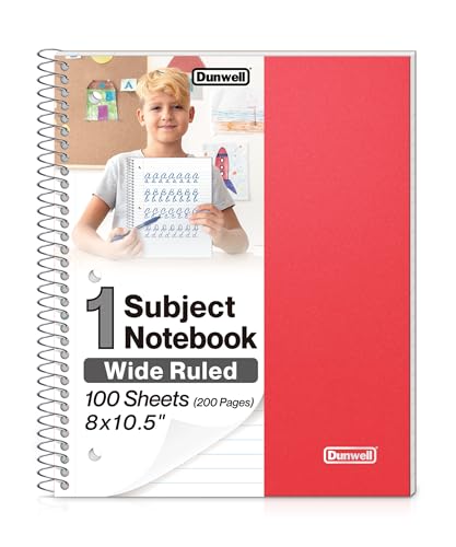 Dunwell 1 Subject Spiral Notebook (Red), Plastic Cover, 100 Sheets (200 Pages) 8x10.5 Paper, Wide Ruled for Easy Writing, 3-Hole Punched Perforated Pages, Poly Pocket Dividers - color: Red