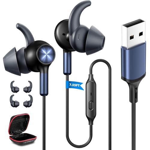 ASKUBSKU USB Headphones Earbuds with Microphone for PC 7.5FT, Blue Black | USB Earphones for Computer Office Meeting, Wired Headset with Mute Stereo Call Laptop Earphones for Dell/Surface - color: BlackBlue