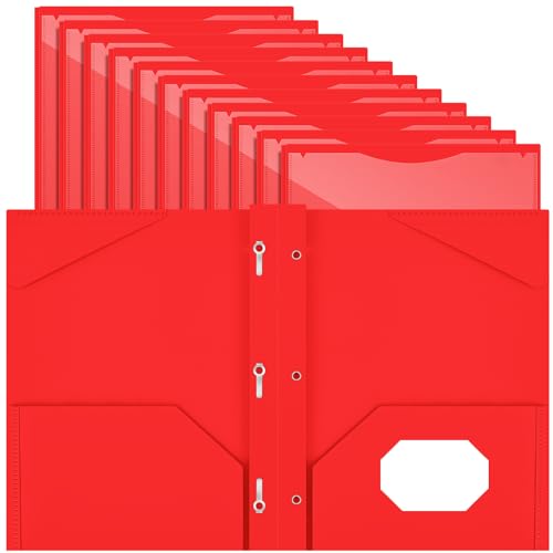 Henoyso 48 Pcs Plastic Folder with Clear Front Pocket and 3 Prongs Heavy Duty Plastic Folders with Card Slot Pocket Folders with Prongs for School Office Home(Red) - color: Red