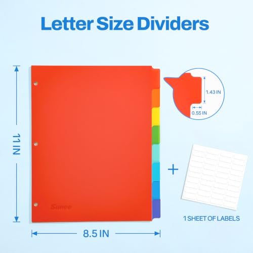 SUNEE 8 Tab Binder Dividers,Plastic Dividers for 3 Ring Binder,3 Ring Binder Dividers with Tabs for School Office Home Supplies,Bright Color, 1 Set