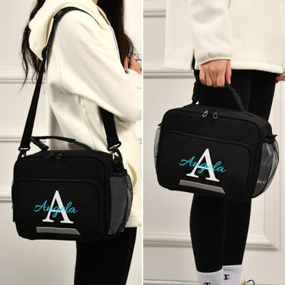 Custom Student Lunch Bag for Boys Girls Black Solid Color Personalized Name Lunch Box Insulated Cooler Bag for School Picnic Office - color: Multi01