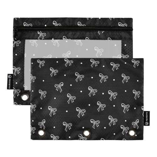 Pencil Pouches for 3 Ring Binder Bow Black 2 Pack Zipper Pencil Case Bags with Clear Window for Classroom School Office Supplies - color: Black Bow