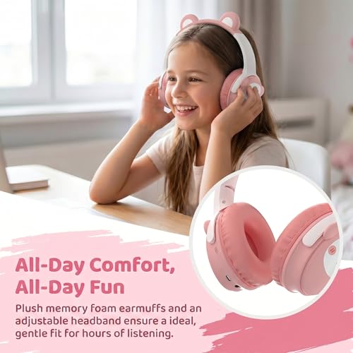 [65H Playtime] Cute Animal Ear Kids Bluetooth Headphones for Girls Women, Wireless Headphones with Microphone, Foldable Over-Ear Headset for School Travel, Pink - color: Pink