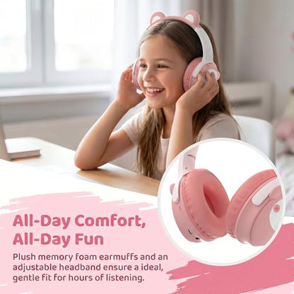 [65H Playtime] Cute Animal Ear Kids Bluetooth Headphones for Girls Women, Wireless Headphones with Microphone, Foldable Over-Ear Headset for School Travel, Pink - color: Pink