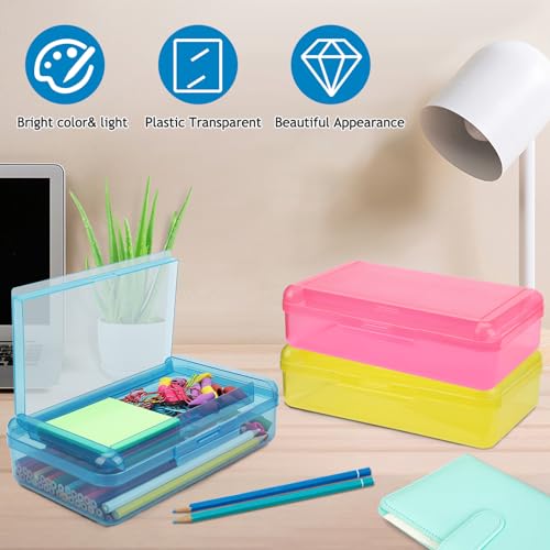 SFLHHDM Large Pencil Box, Double Layer Capacity Pencil Holders, Hard Pen Case with Snap-tight Lid, Plastic Pencils Case for Office School, Pen Boxes Storage Organizer (Blue+Yellow+Pink-3Pcs) - color: Blue+Yellow+Pink-3Pcs