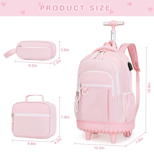 DIGOBAY Rolling Backpack for Girls, Cute Girls Backpack with Wheels, Kids Wheeled backpacks Set with Lunch Bag Pencil Case for Teen Girl, Roller School Bag with Wheels for Elementary Middle School - color: Pink