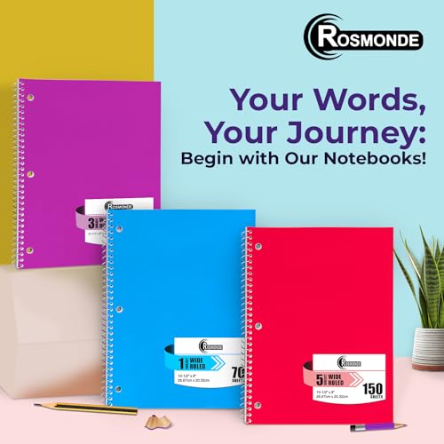 Rosmonde 24 Pack 3 Subject Spiral Notebook Wide Ruled Bulk, Thick Paper, Extra Pages - 300 Pages (150 Sheets), 8 x 10-1/2", Bulk Subject Notebooks for Home & Writing Daily Chores, Bulk Spiral Notebook - size: 24 Pack, style: 3 Subject - Soft Cover