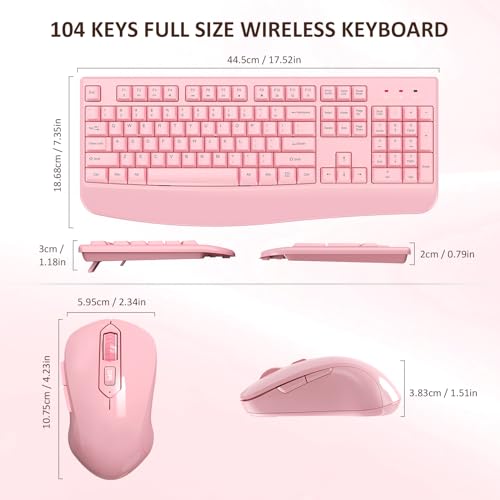 Wireless Keyboard and Mouse Combo, EDJO 2.4G Full-Sized Ergonomic Computer Keyboard with Wrist Rest and 3 Level DPI Adjustable Wireless Mouse for Windows, Mac OS Desktop/Laptop/PC (Pink) - color: Full Pink