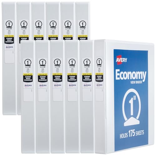 Avery Standard View 3 Ring Binders, 1" Round Rings, 175-Sheet Capacity, 1.4 Inch Wide Spine, White Binders, Ideal for Lightweight Organization and Occasional Referencing (12-Pack of 05711) - size: 1"