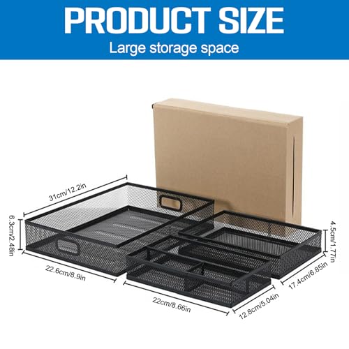 Mesh Metal Desk Drawer Organizer Tray 12.3"x8.3"x1.7" Pen Drawer Organizer Desktop Paper Storage Tray File Organizer with Handle for Home,Office,School Supplies Black