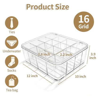 Socks Underwear Drawer Organizer, 16 Compartment Clear Plastic Storage Box with Lid & Adjustable Dividers, Tie Box, Tea Bag Organizer, Acrylic Organizer Box (12x10x3.9 Inch)