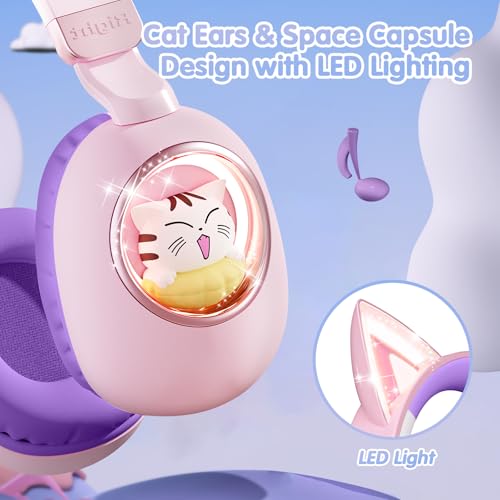 Kids Headphones Bluetooth 5.4 - Cat Ear LED Light Up Noise Cancelling Wireless Headphones with Mic, 85dB Volume Limited, Wired & Wireless Mode for Travel/School/iPad - color: Pink Purple