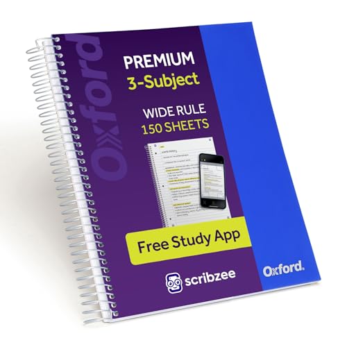 Oxford Spiral Notebook with Free Study App, 3 Subject, Wide Ruled, Ultra Smooth Paper, No Ink Bleed-Through, Strong Poly Blue Cover, 3 Durable 2 Sided Pockets, 150 Easy Perforated 8.5" x 11" Sheets - color: Blue