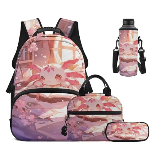 17 Inch Kid's 4PCS Backpack Set, Back to School Essentials | Insulated lunch box, water bottle pouch, pencil case, lightweight, padded shoulder straps, for elementary, middle school - color: Pink Axolotl