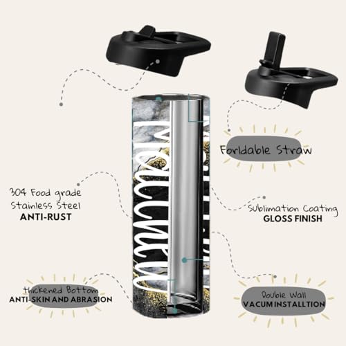 Personalized Black Gold Marble Water Bottle with Name | 20oz Stainless Steel Insulated Bottle | Custom Gym, School & Sports Tumbler for Adults & Students - color: Black