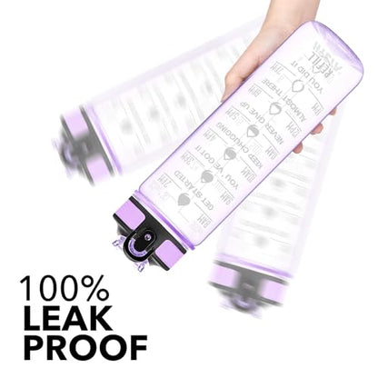 Hyeta Water Bottle with Straw & Time Marker, Plastic 32oz Leakproof | Motivational Tritan BPA Free Gym Office Outdoor Intake Tracker Hourly Reminder Straw Lid Carry Strap - color: Clear Wisteria
