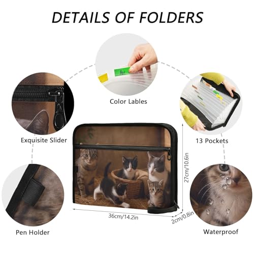 Cat Family Expanding Accordion File Folder with 13 Pockets and Zipper Closure - color: Cat Family