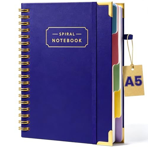 Koogel 5.8x8.3 Inch Subject Spiral Notebook with Tabs, 5 Subject A5 Notebook Blue Wide Ruled Journals with Dividers for Women Gift Office School