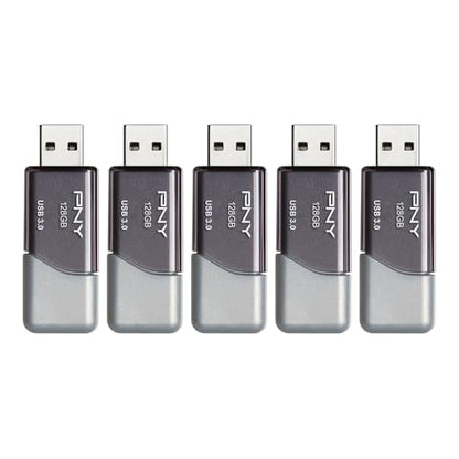 PNY 128GB Turbo Attaché 3 USB 3.0 Flash Drive 5-Pack – Grey, P-FD128X5TBOP-MP, 100MB/s, Light-Weight Durable - Data Storage and Transfer - size: 128GB 5-Pack