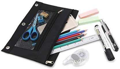 3 Ring Binder Pencil Pouchs, Zippered Pencil Pouch Double Pocket Pencil Pouch 3 Ring with Clear Mesh Window (Black 2pack) - color: Black,2 Layer