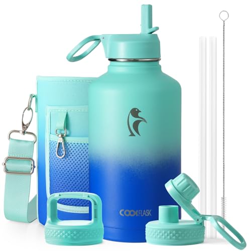 Coolflask Half Gallon Water Bottle Insulated with Straw & 3 Leakproof Lids | 64 oz Large Water Jug Stainless Steel Triple-Wall, Cold 48+h/Hot 24+h Dishwasher Safe, BPA-Free, for Sports Gym & Hiking - color: Pacific Prince, size: 64 Ounces
