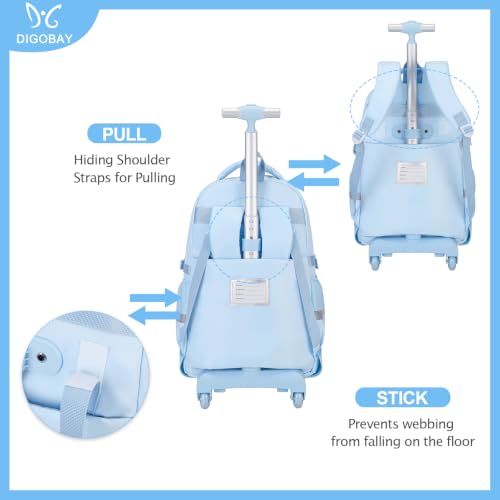 DIGOBAY Rolling Backpack for Girls, Roller School Bag with Wheels, Wheeled Backpacks with Lunch Bag Pencil case for Elementary School Bookbags with Cute Pins Blue - color: Blue