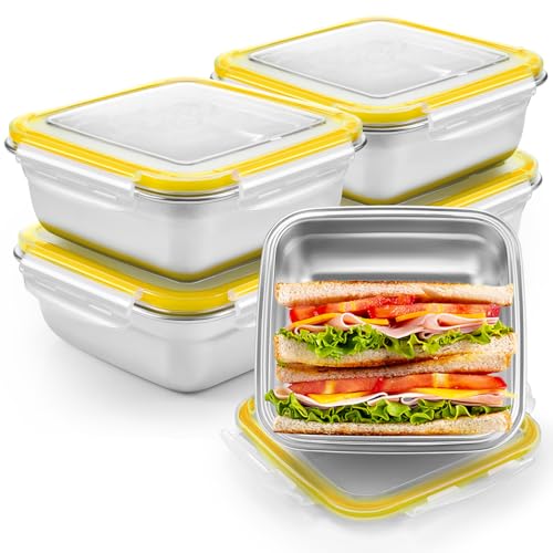 Blushtier 4 Pack Food Grade 304 Stainless Steel Sandwich Containers, Leakproof Metal Lunch Containers with Airtight Lids, Food Storage Box for Sandwiches, Snacks & Meal Prep, 25.4 oz - color: Yellow, size: 25.4 oz