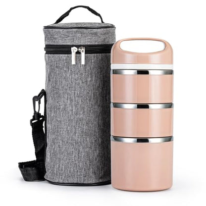 Lille Home Stackable Stainless Steel Thermal Compartment Lunch/Snack Box, 3-Tier Insulated Bento/Food Container with Lunch Bag and Three Extra Seals, 43OZ (Gold) - color: Gold
