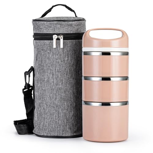Lille Home Stackable Stainless Steel Thermal Compartment Lunch/Snack Box, 3-Tier Insulated Bento/Food Container with Lunch Bag and Three Extra Seals, 43OZ (Gold) - color: Gold