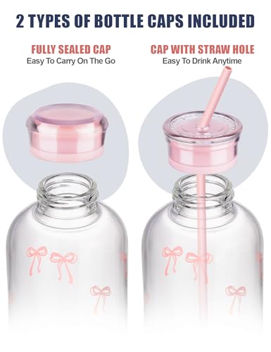 NiHome 25oz/750ml Pink Bow Glass Water Bottle with Silicone Straw, 2 Lids, Cleaning Brush, Borosilicate Glass for Hot and Cold Drinks, Leak-Proof Reusable Bottle for Travel, Gym, Office, School, Home - color: Pink