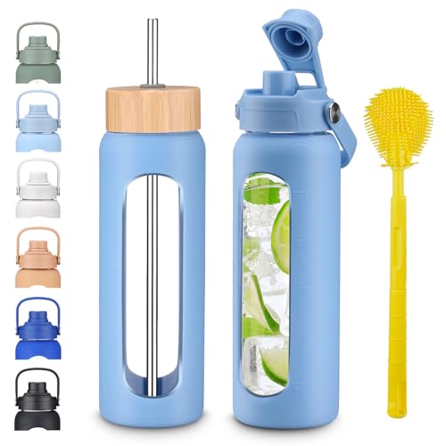 24 oz Borosilicate Glass Water Bottle with Bamboo Lid, Stainless Steel Straw, 2 Leak-Proof Lids, Silicone Sleeve, BPA Free for Gym, Office, Home & Travel - color: Sky Blue, size: 24 Ounces