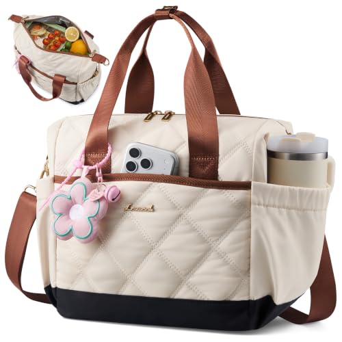 LOVEVOOK Insulated Lunch Bag Women, Adult Lunch Box for Women Work, Large Leakproof Cooler lunch Bags for Picnic Beach Family College, Lunch Teacher Tote Bag with Adjustable Shoulder Strap Cup Holder - color: black-white-brown, size: X Large —18L