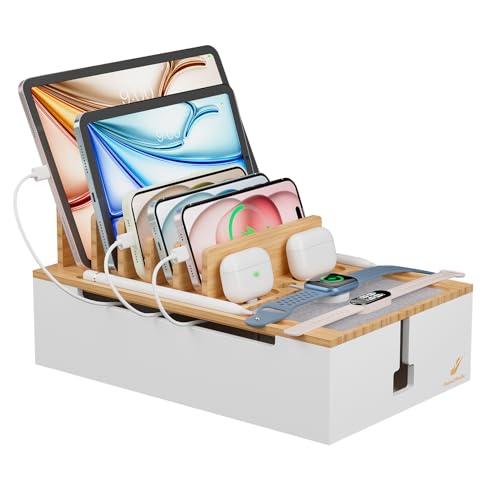 Pezin & Hulin Bamboo Charging Station, Electronic Devices Organizer for Multiple Devices Charger Such As Cell Phone, Tablet, Watch and More, Natural+White, (No USB Charger and Cables - color: Natural+White, size: Dock (No Charger&Cables)