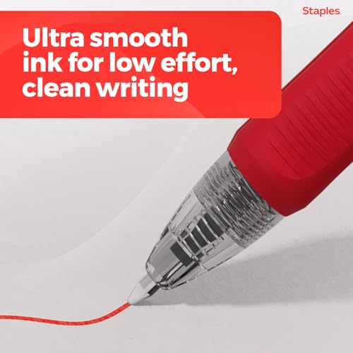 STAPLES Retractable Gel Pens, Fine Point, Red Ink, 12 Pack – Smooth Writing, Quick‑Dry Pens for Notes, Editing & Office Use - color: Red, size: 12 Pack, style: Fine Point